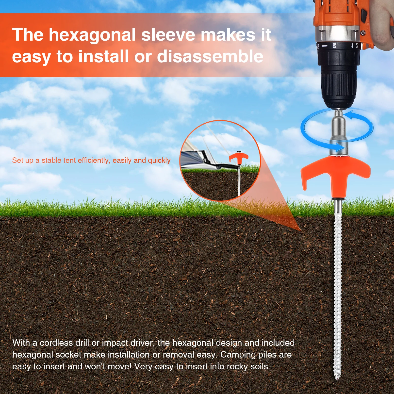 20 Pcs 7inch Camping Stakes Tent Pegs Includes Hex Head Driver & Storage Box Awning Pegs Metal Threaded Tent Spikes for Camping