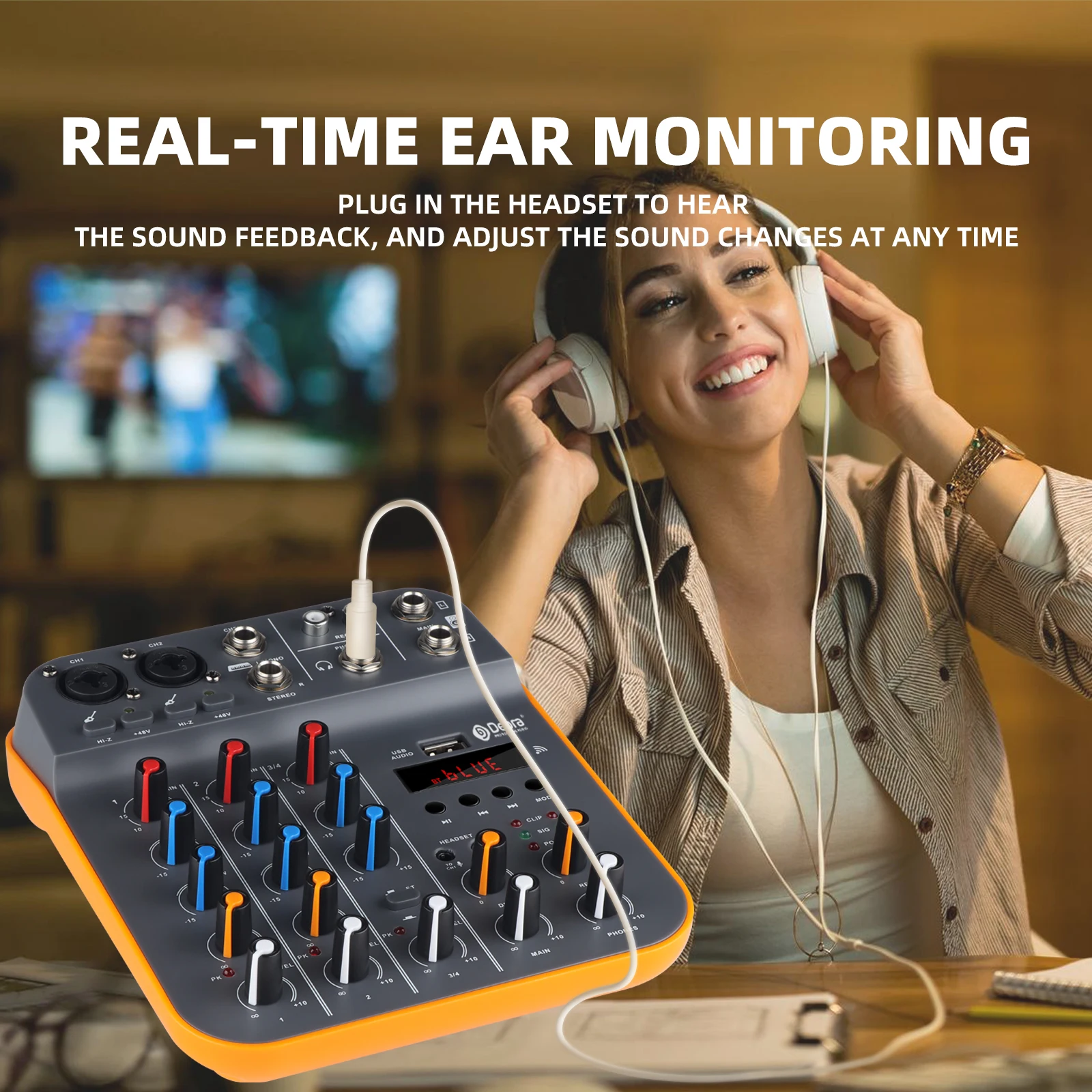 リバーバー付きオーディオミキサー,djコンソール,PC用サウンドカード,録音,カラオケ,d4m,Bluetooth 5.0, 48v,4チャンネル