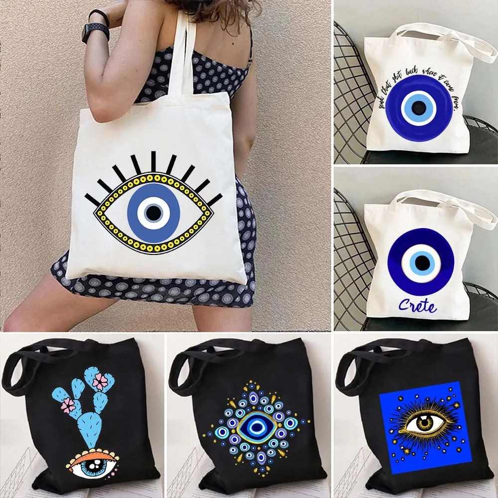 Blue Evil Eye Good Luck Hamsa Hand Colorful Mandala CRETE GREECE Cute Gift Women Canvas Shoulder Tote Bag Shopper Cotton Handbag