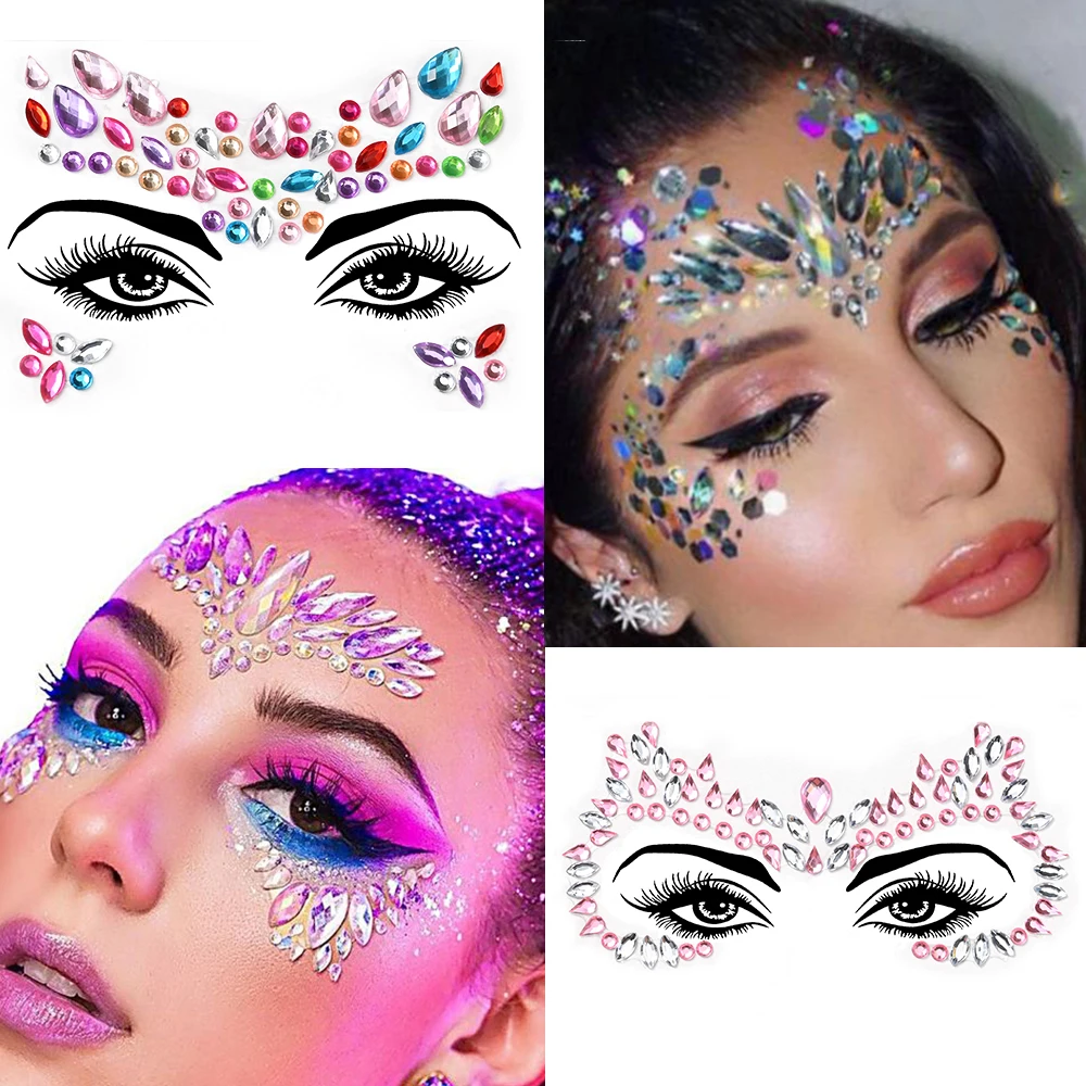 3D Rhinestone Face Tattoo Stickers Glitter Jewels Crystal Temporary Stickers Festival DIY Face Jewelry Decoratio for Girls Women