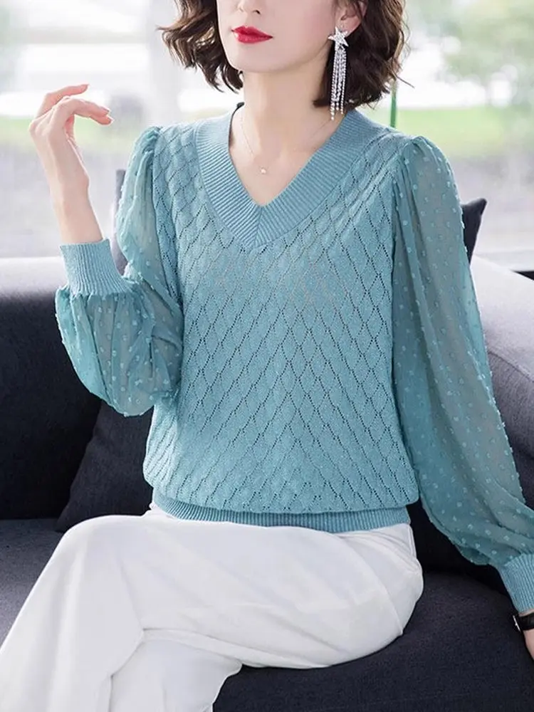 Women's Hollow V-neck Knitwear Mesh Sleeve Thin Style Fashionable  Color Early Spring New Arrival Loose Fit Long Sleeve