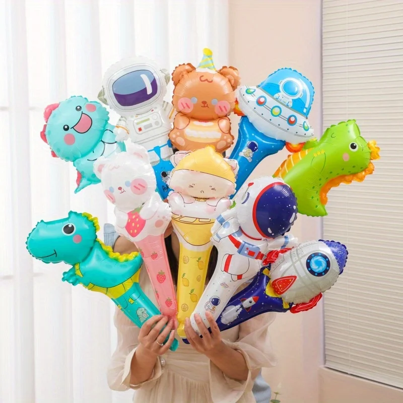 

10pcs Handheld stick aluminum film balloon rocket dinosaur aluminum film balloon for birthday party cheering sticks balloons