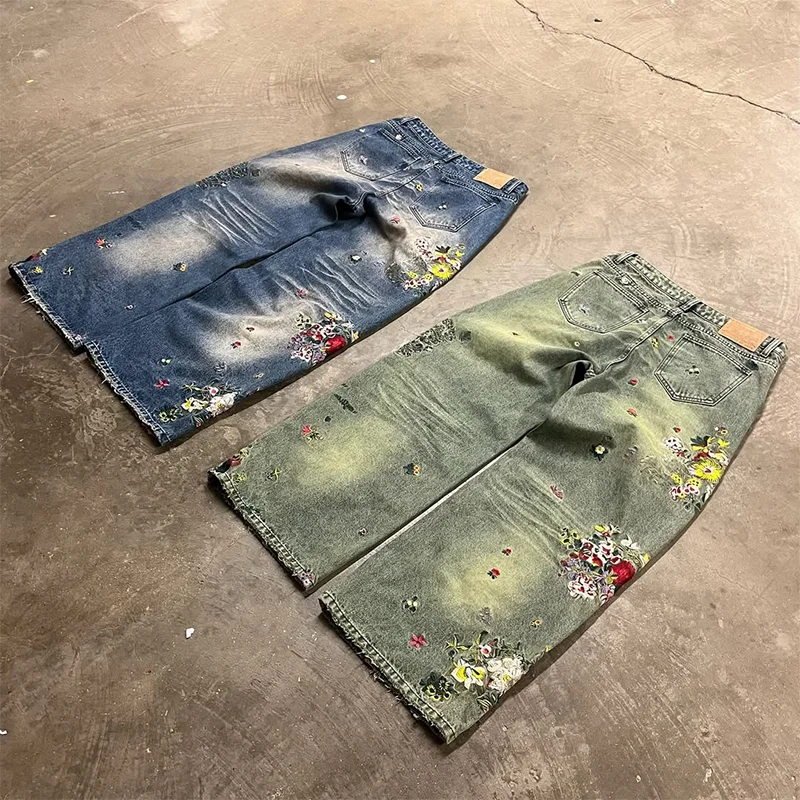 Y2K Jeans lavati vintage con motivo floreale artistico ricamo a vita alta jeans larghi a gamba larga tendenza uomo donna moda streetwear
