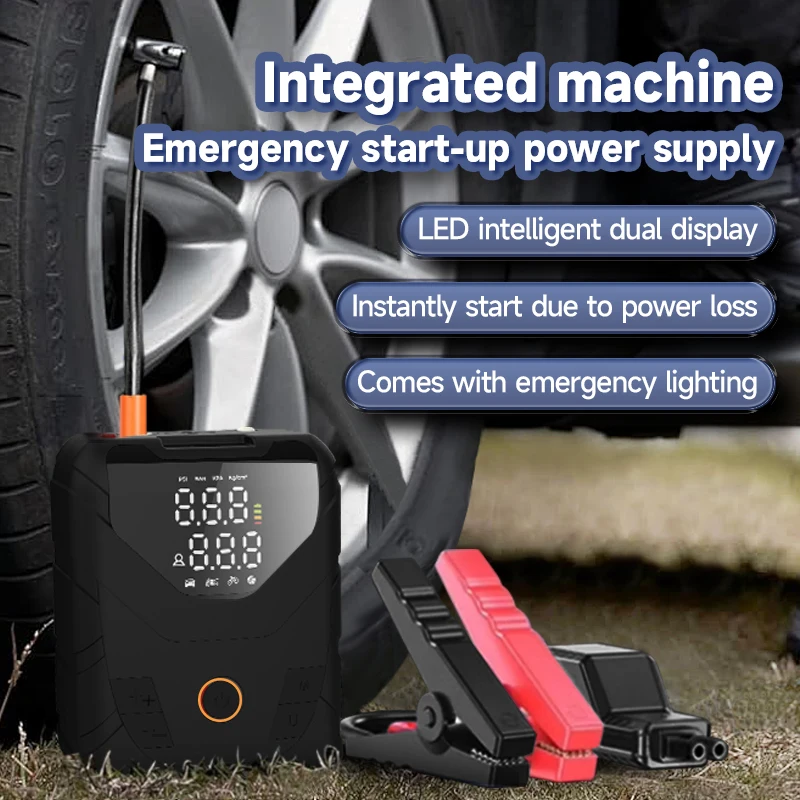 Batteria a lunga durata, pompa di gonfiaggio portatile per pneumatici a LED, avviamento con ponticello batteria di emergenza e compressore d'aria 2 in 1