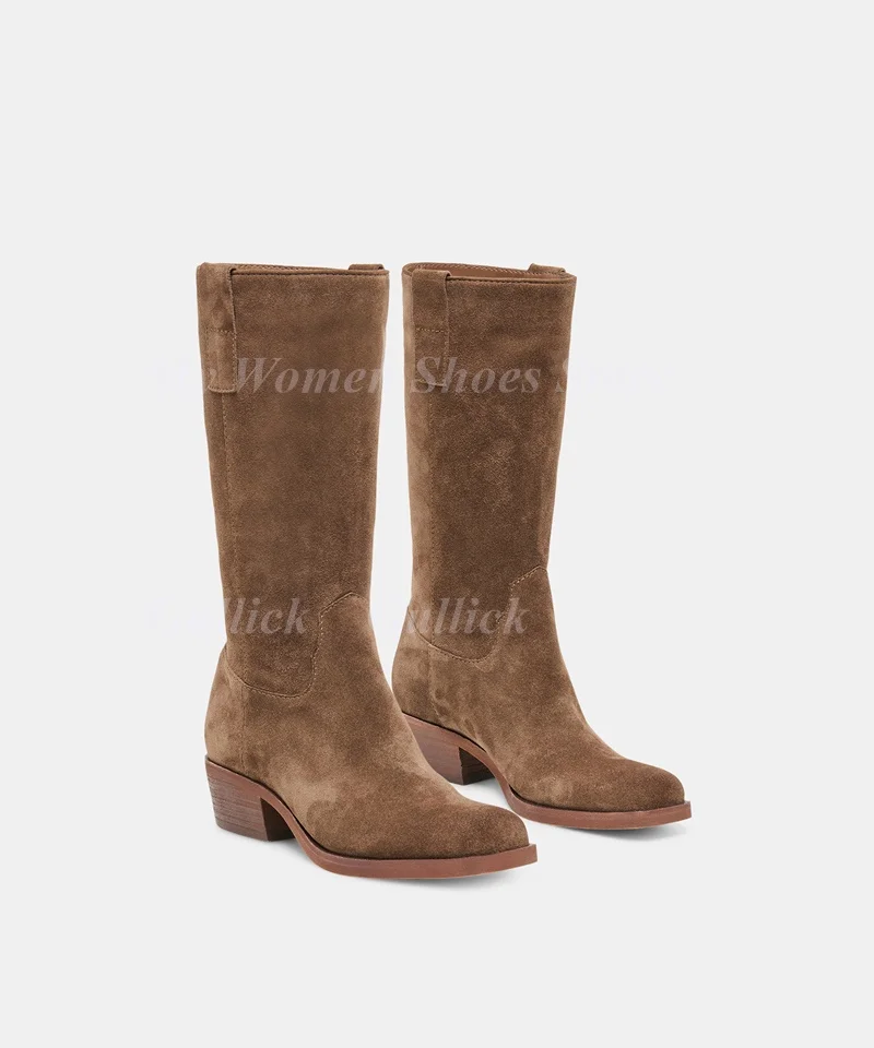 Block Middle Heel Suede Brown Boots Square Toe Slip On Runway 2026 Winter Autumn Women Dress Shoes Handmade Beige Brown