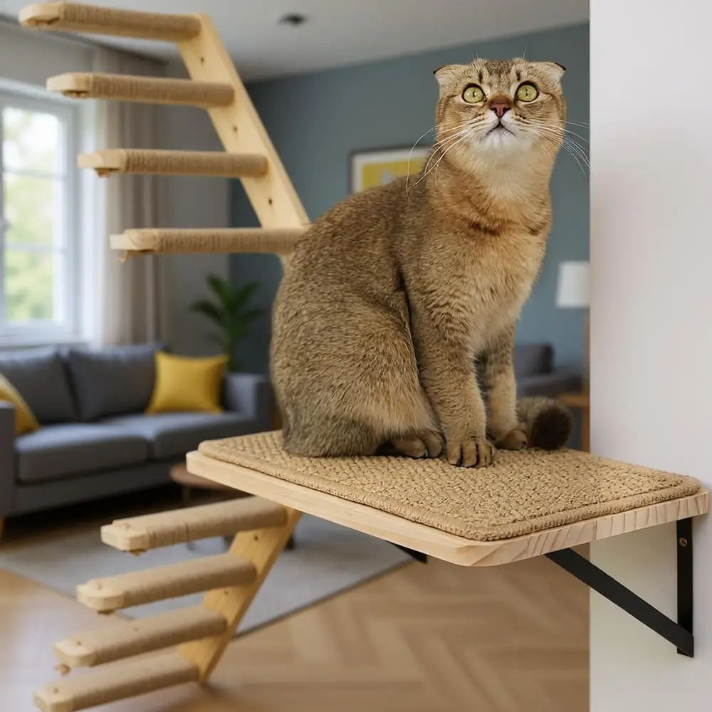 

Настенные полки-лестницы для кошек, 1 полка для кошек и 2 лестницы с 4 ступенями и сизалевым канатом для когтетроя, платформа-лежанка, настенная, L