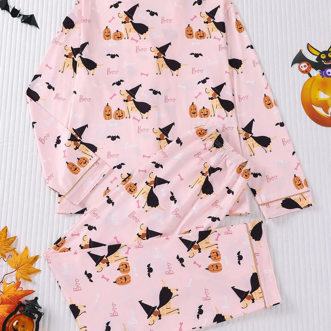 Ins Style Festive Cute Halloween Women's Sleepwear Set 2 Piece Witch Dog Print Lapel Collar Long Sleeve Long Pants Casual Daily