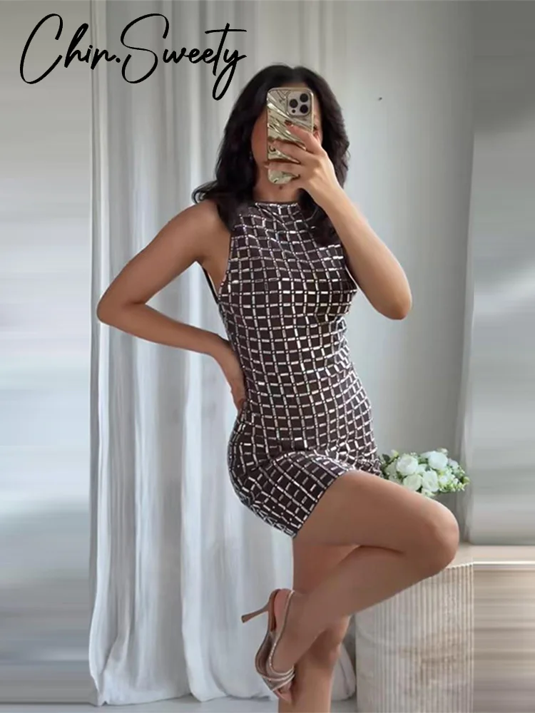 

Сексуальный топ с блестками, юбка, женский комплект, укороченный топ без рукавов с открытой спиной, юбки с заниженной талией, 2026, весенний вечерний женский наряд, новинка