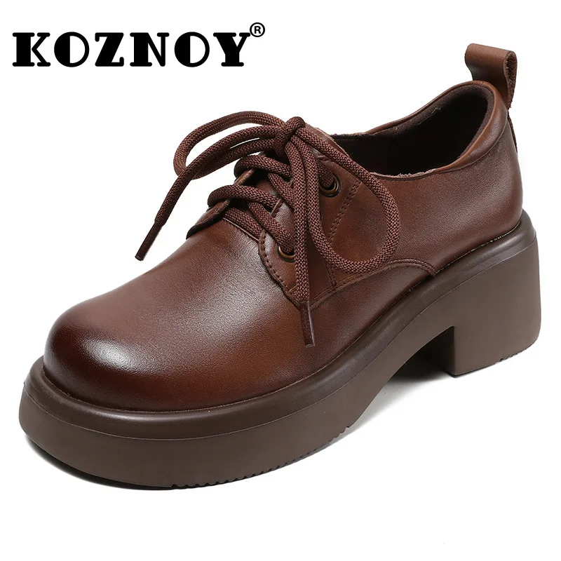 

Koznoy/женские мокасины Мэри Джейн на шнуровке из натуральной кожи, весенние удобные резиновые осенние туфли на танкетке в британском стиле на массивном каблуке
