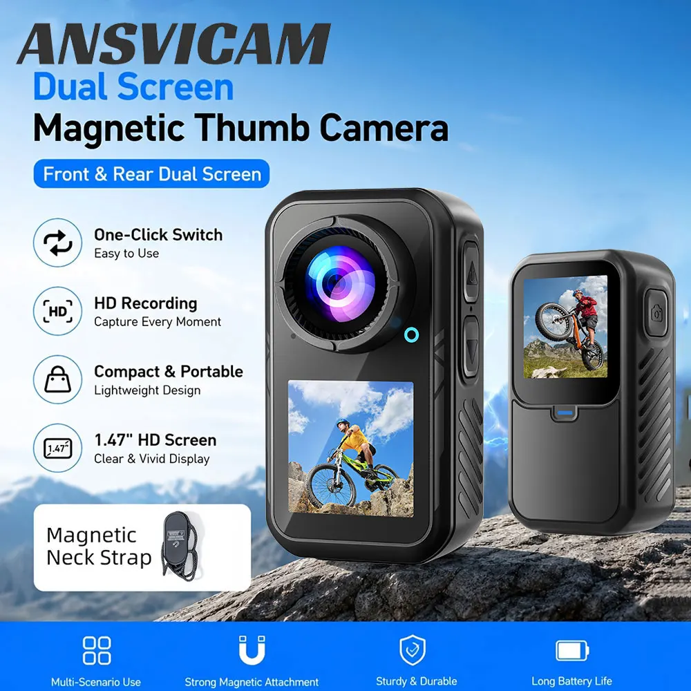 ANSVICAM 4K 미니 바디 카메라 (64GB 카드 포함) 엑션캠 마그네틱 EIS 기능 탑재 웨어러블 POV 카메라 (틱톡, 브이로그, 오토바이용)