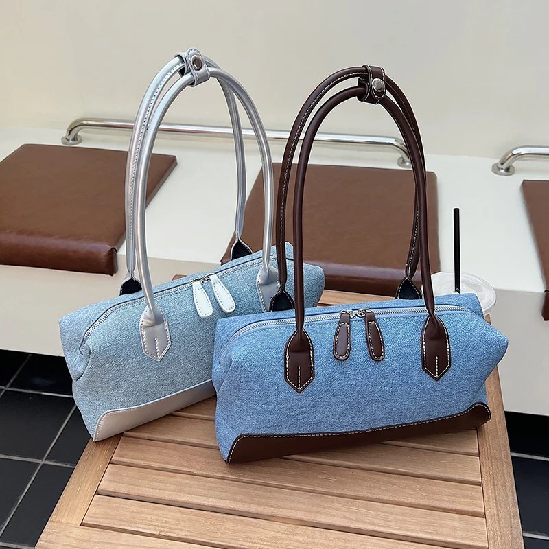 

2025 New Pu Leather + Denim Women's Shoulder Bag Luxury Ladies Handbag Pillow Travel bag female Commuter Shopping Underarm Bag