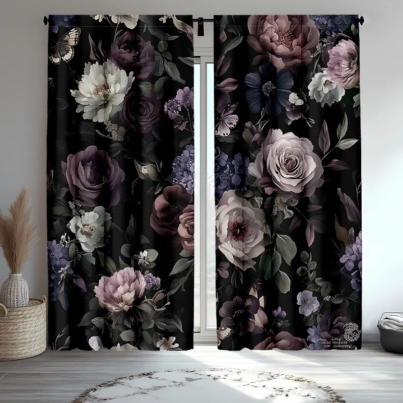 

VIKAMA 2-Piece Set Of Black Floral Curtains, Featuring Vintage Pink Roses, Peonies, And Spring Flowers, For Bedroom Decor