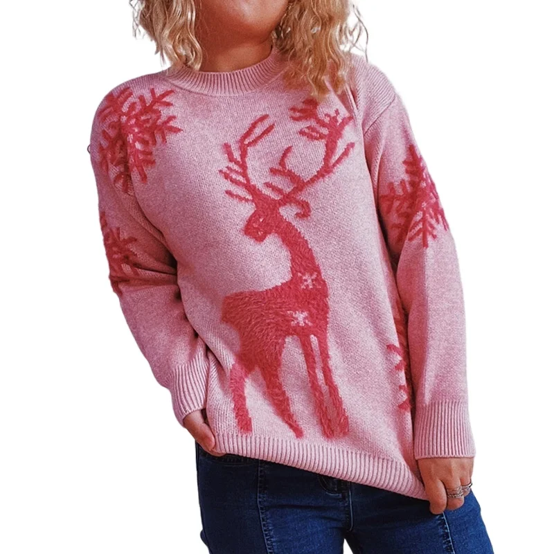 

Autumn And Winter Fashion Snowflake Deer Animal Long Sleeve Women's Sweater Round Neck Jacquard Knit Pullover Sweater