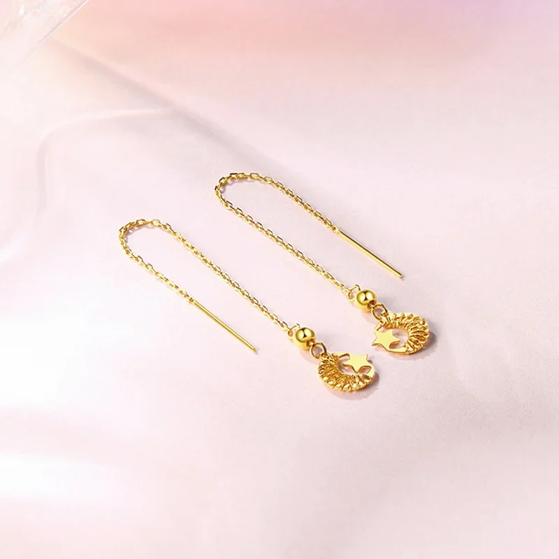 High-quality AU750 Gold 24K Transfer Gold Beads Long Ear Wire 999 Temperament Simple Long Earrings Earrings Gift Womens