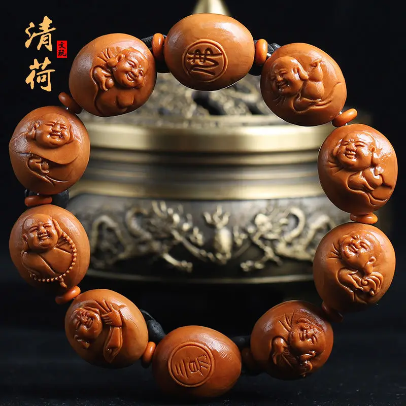 Olive Nut Carved Suzhou Boutique Jiazhen Relief Eight Small Maitreya Buddha Nearly Circle Bracelet Men and Wome