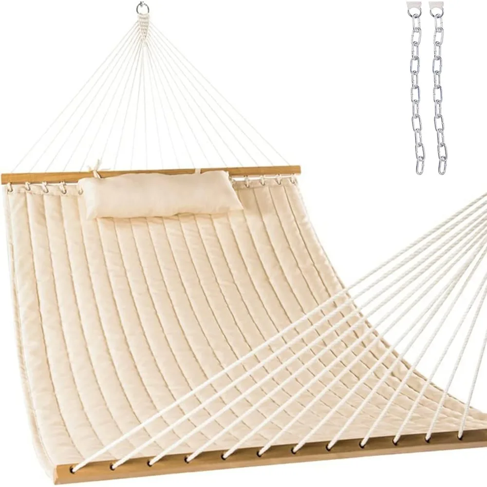 Hamaca doble acolchada de 12 pies con barras esparcidoras y almohada desmontable para patio al aire libre, jardín, piscina, playa, lino