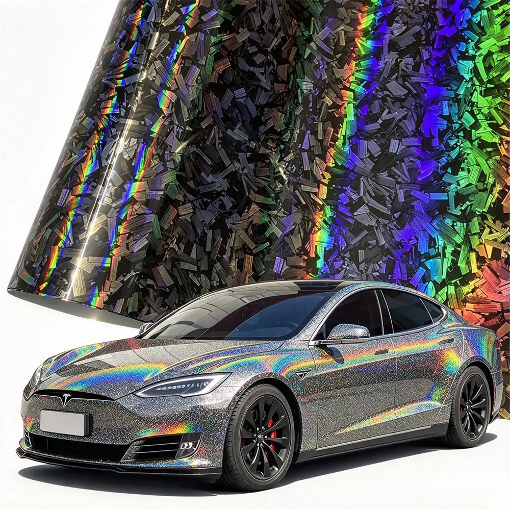 Glossy Rainbow Holographic Laser Forged Carbon Fiber Wrap Vinyl Car Motorcycle Adhesive Color Change Sticker