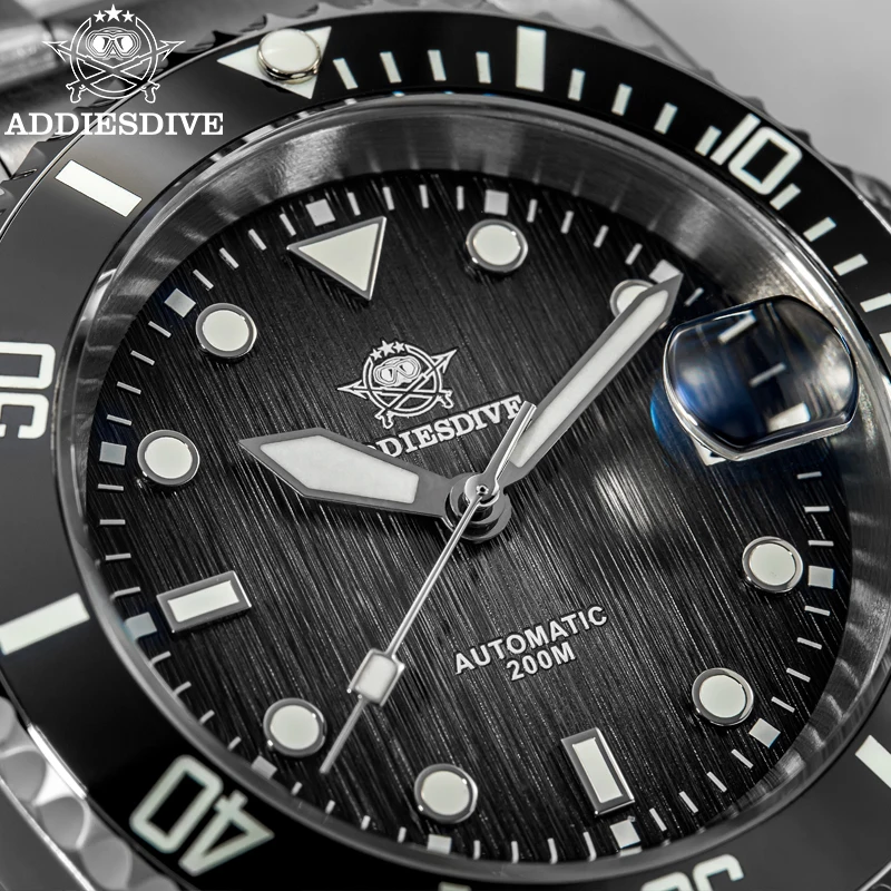 ساعة أوتوماتيكية من Addiesdive للرجال بإطار سيراميك من الفولاذ المقاوم للصدأ وساعة غواص شبح مقاومة للماء وساعات ميكانيكية مضيئة