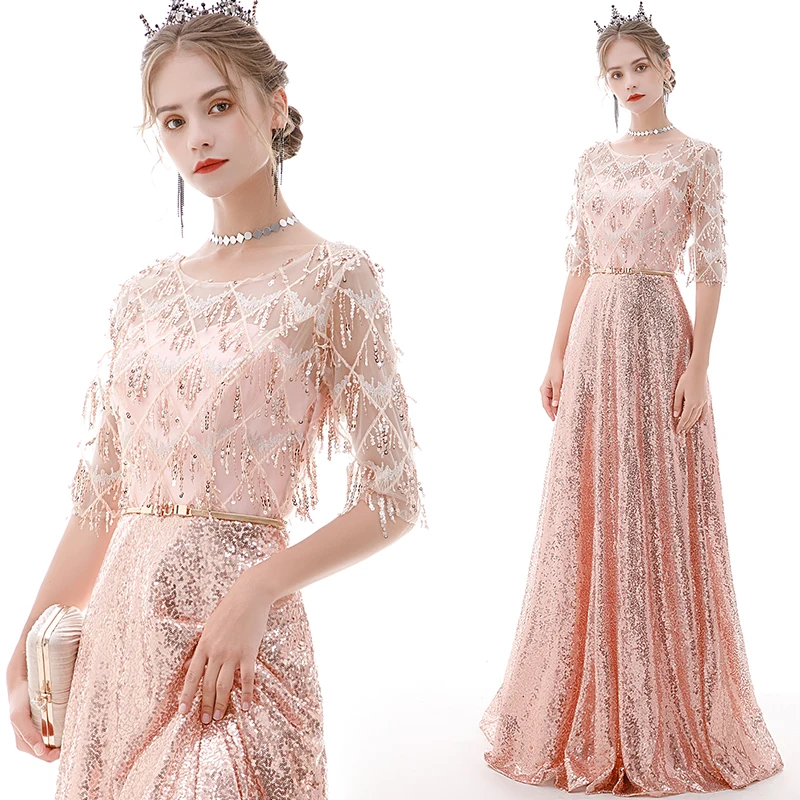 

Элегантное длинное вечернее платье для женщин, с цветочной вышивкой, средней талией, А-силуэт, для выступлений, вечеринок и свадеб