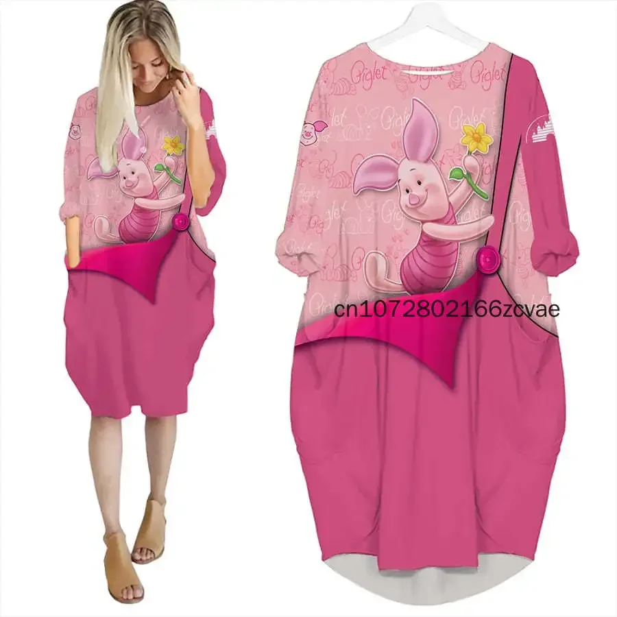 

New Disney Piglet Women's Batwing Pocket Dress Disney 3D Printed Oversize Fashion Street Dress Long sleeved Nightgown