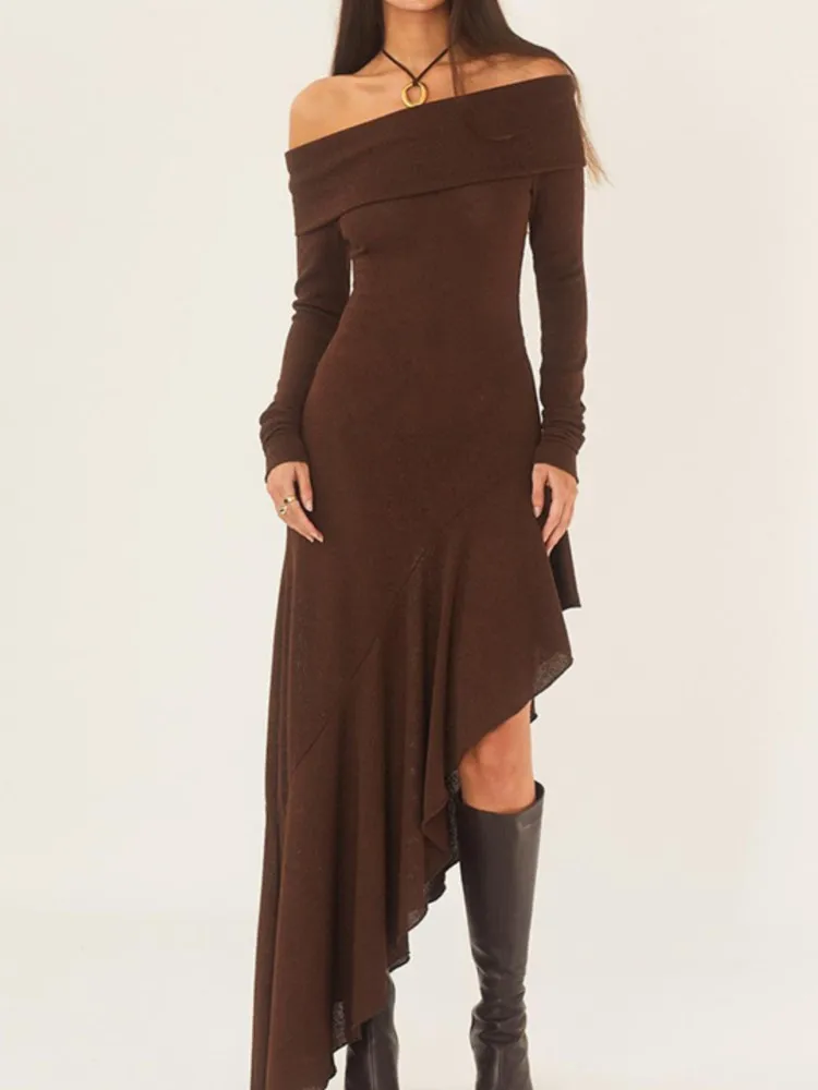

Off Shoulder Long Dress Elegant Sexy Long Sleeve Slim Dresses Ladies Autumn Irregular Side Split Ruffles Vestidos Para Mujer