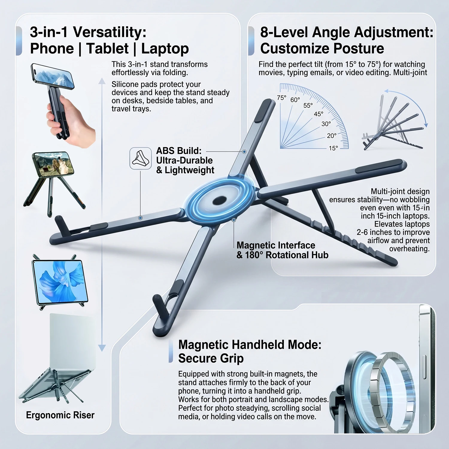 

ABS Plastic Desktop 3IN1 Foldable Laptop Stand for Macbook iPad Handheld Magnetic Phone Holder for iPhone Rotate Tripod Bracket
