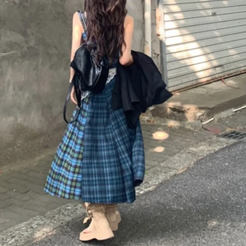 Spring and Summer Vintage Korean Retro High Street Low Waist Plaid Pleated Long Skirt Streetwear Fashion Skirt