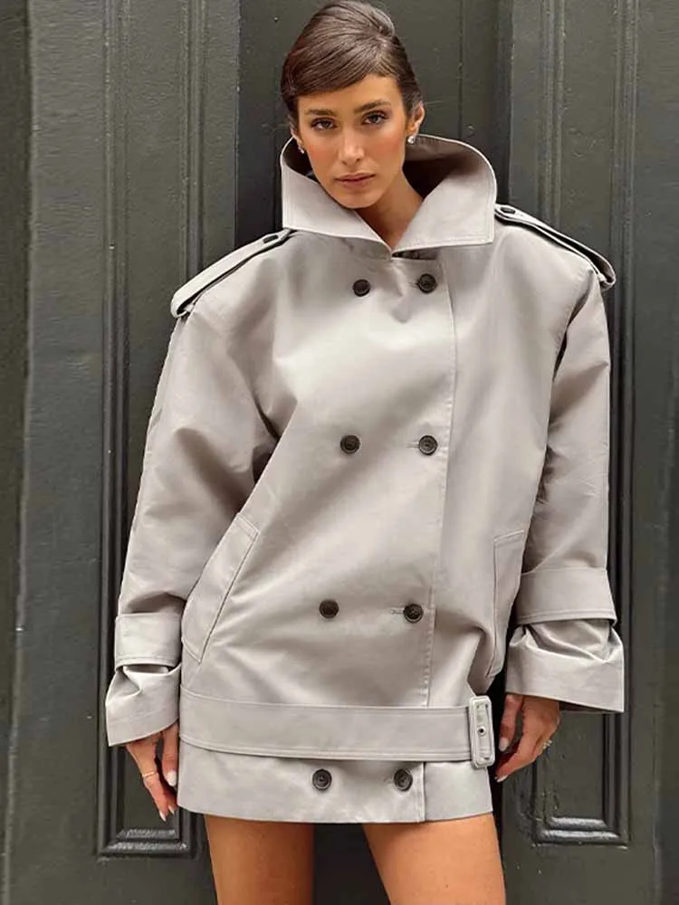 الرجعية رمادي خندق معطف المرأة فضفاضة مزدوجة الصدر سترة التلبيب كم كامل Cinched الخصر التعادل سترة واقية 2025 الخريف ملابس خارجية #1