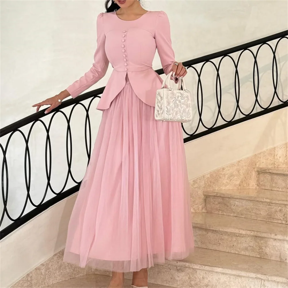 

ROYET Classic O Neck Buttom Long Sleeve Formal Evening Dress For Woman Ankle Length Pleat Elegant Prom Gown Customized New 2025