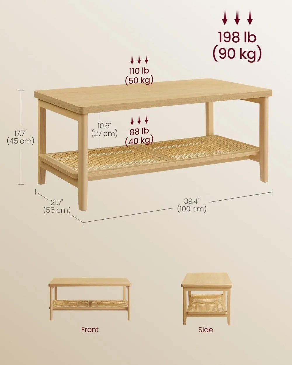 Tavolino da caffè a 2 livelli per soggiorno, tavolo da soggiorno Tavolo centrale rettangolare, con ripiano portaoggetti in rattan PVC, angoli arrotondati