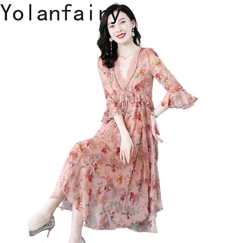 YOLANFAIRY 100% Genuine Mulberry Silk Dress for Women Spliced Lace V-neck Elegant Dress High Quality Long Floral Dresses Woman