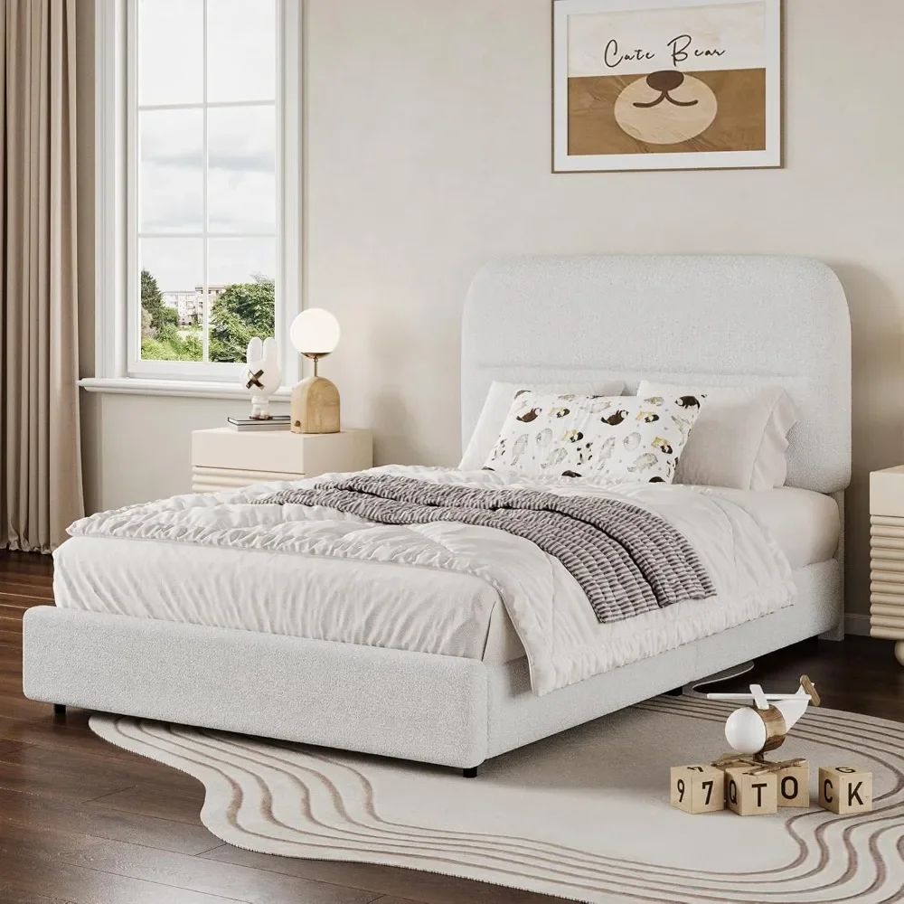 

Twin Bed Frame with Headboard, Thickened Footboard, Rounded Corners, No Box Spring Needed, Boucle Bed Frame