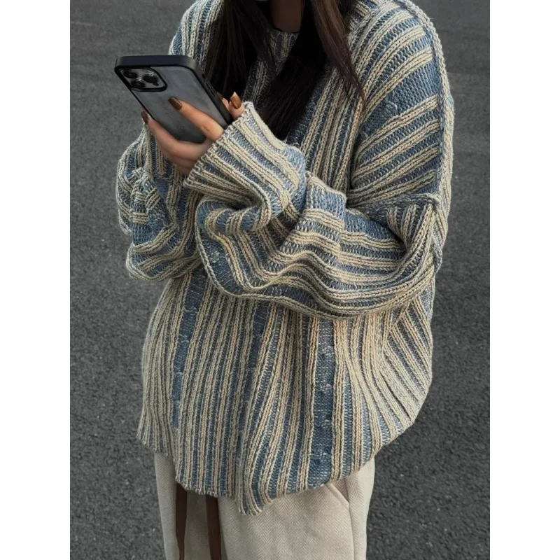 2024 European and American Retro Striped Contrast Sweater Women\'s Spring and Autumn High Street Niche Lazy Style Sweater