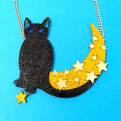 KUGUYS Big Black Cat Gold Color Moon Stars Pendant Necklace for Women Fashion Acrylic Large Sweater Chain Hyperbole Jewelry Acce