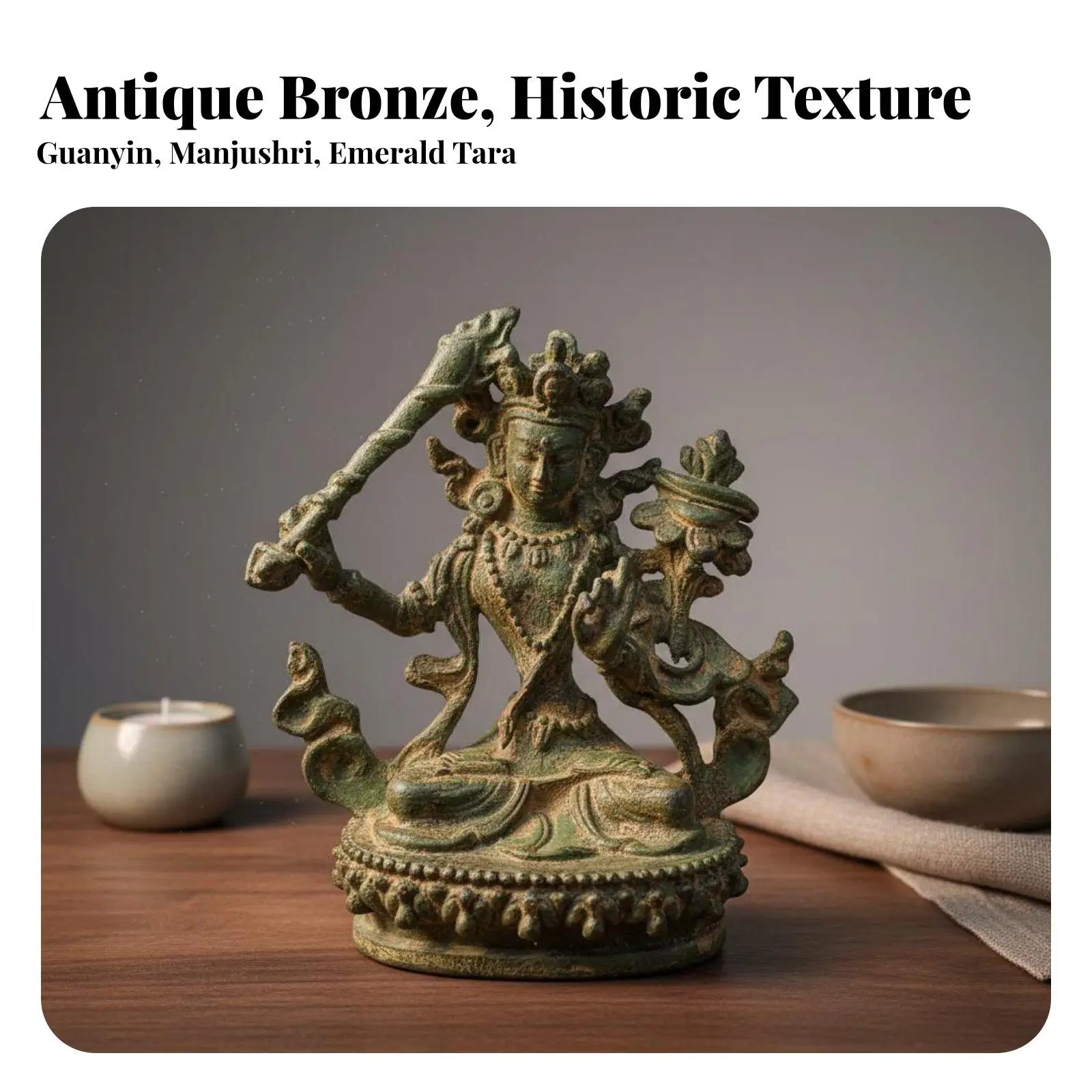 2 Pieces Divine Scholar Figure and Guanyin Figurines Intricate Details Green Patina Bodhisattva Statues Tibetan Bronze Statue