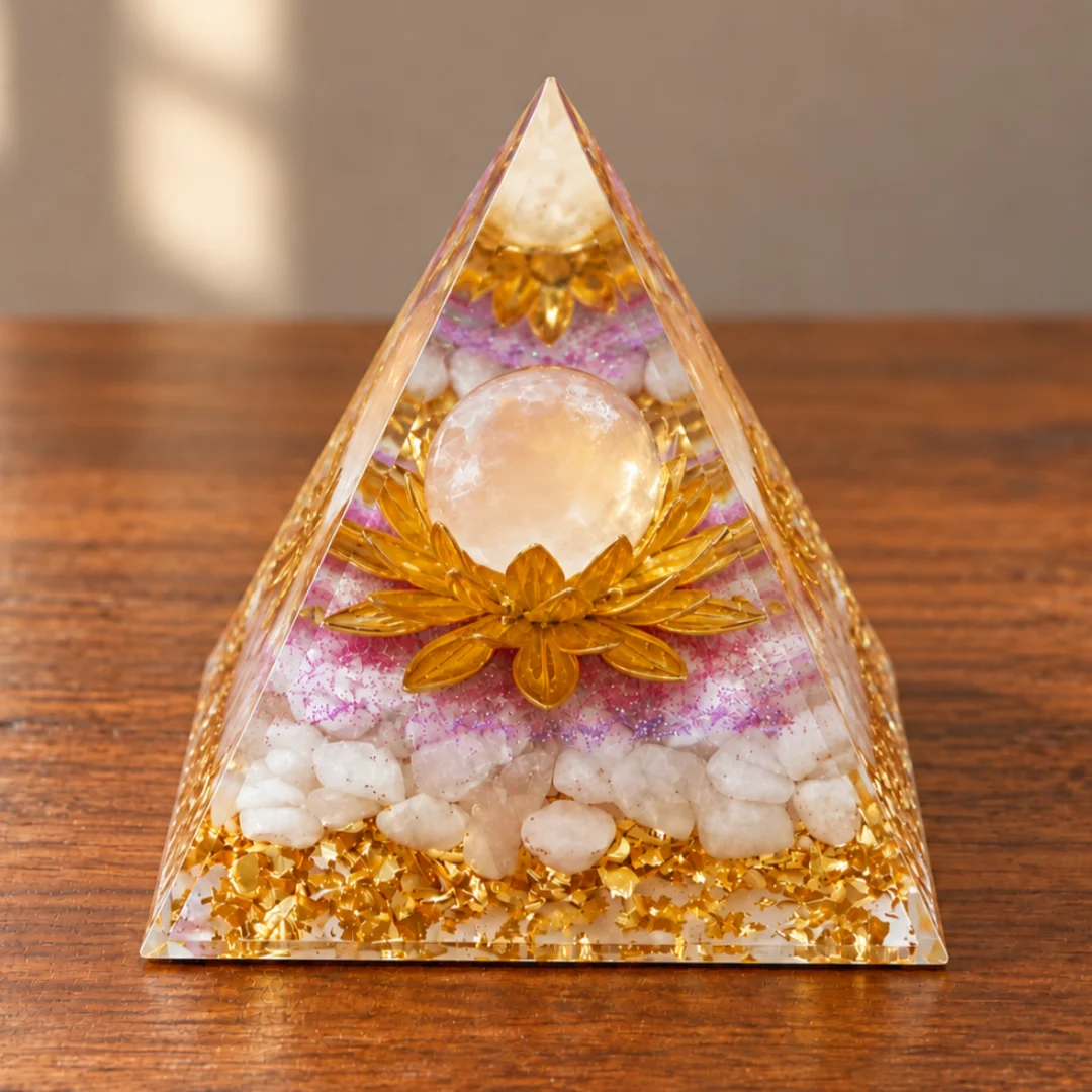 Orgonite Pyramid Golden Lotus with Clear Quartz Sphere Natural White Crystal Gravel Meditation Home Desk Decor