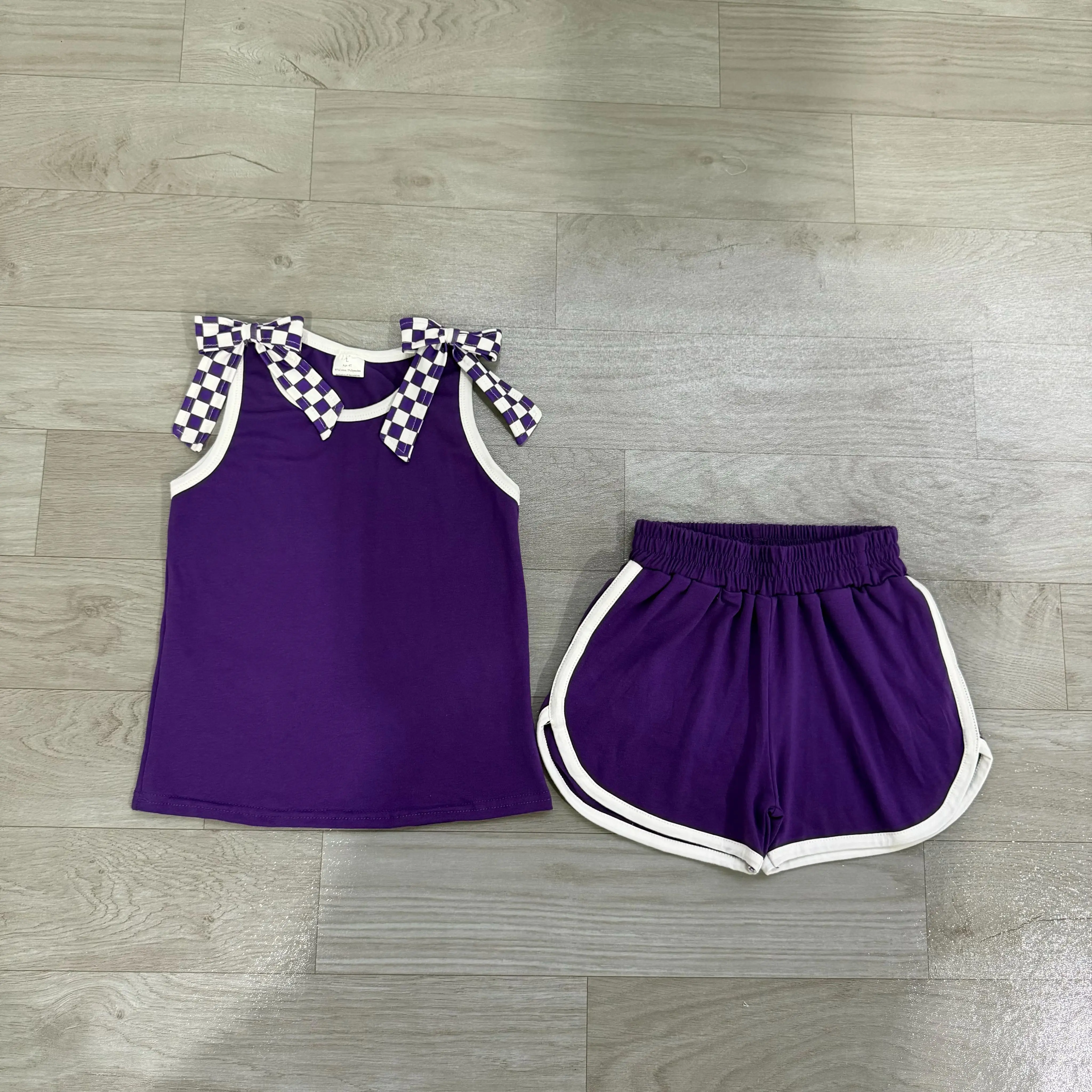 Wholesale Children Toddler Cotton Outfit Baby Girl Sleeveless Purple Bows Shirt Kids Shorts Girls Summer Clothes