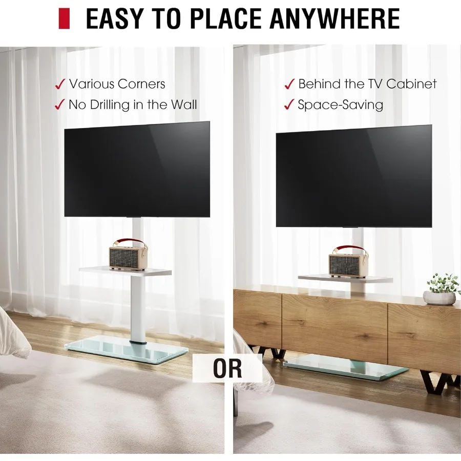 حامل تلفزيون أرضي لتلفزيونات 3265 مع وظيفة دوارة وإمالة 60 درجة، ارتفاع 8 مستويات قابل للتعديل، حامل تلفزيون طويل القامة مثالي لـ L