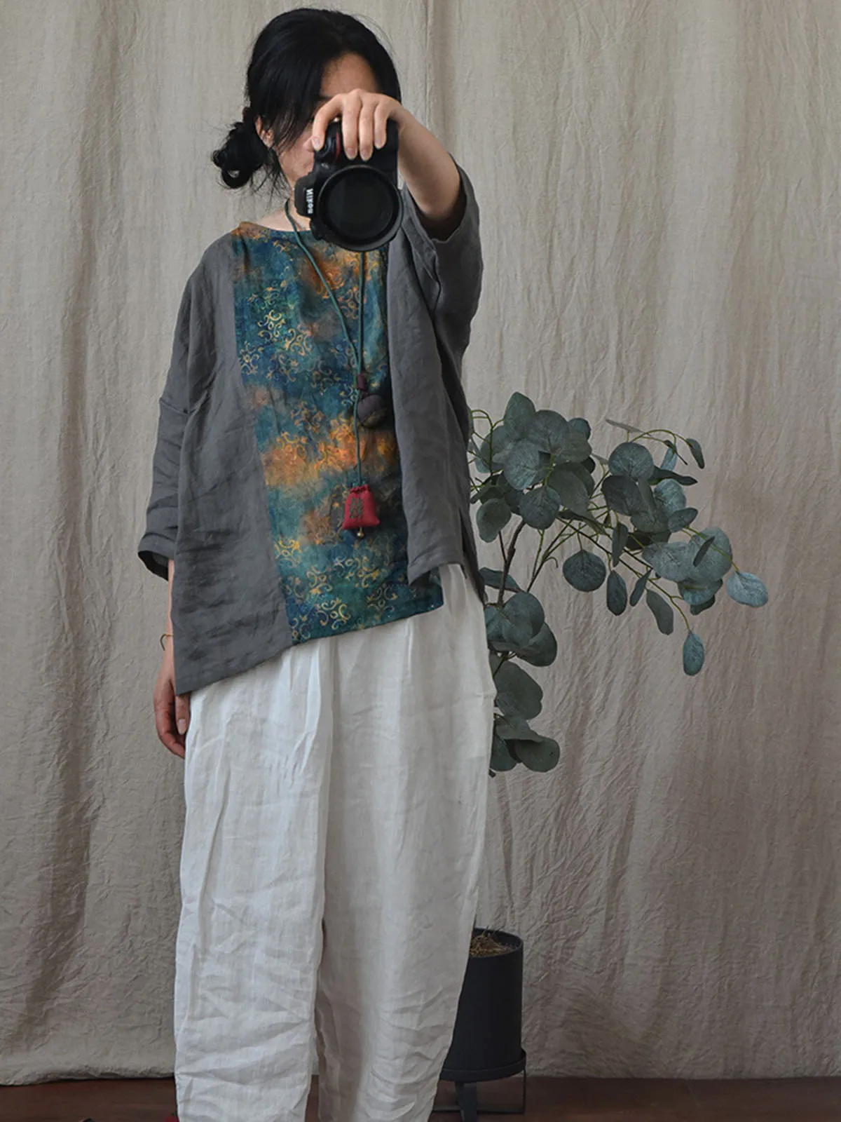 여름 빈티지 컨트리 스타일 블라우스 여성용 리넨 패치 워크 라미 셔츠 풀오버 라운드 넥 3/4 슬리브 캐주얼 루즈 쇼트 탑