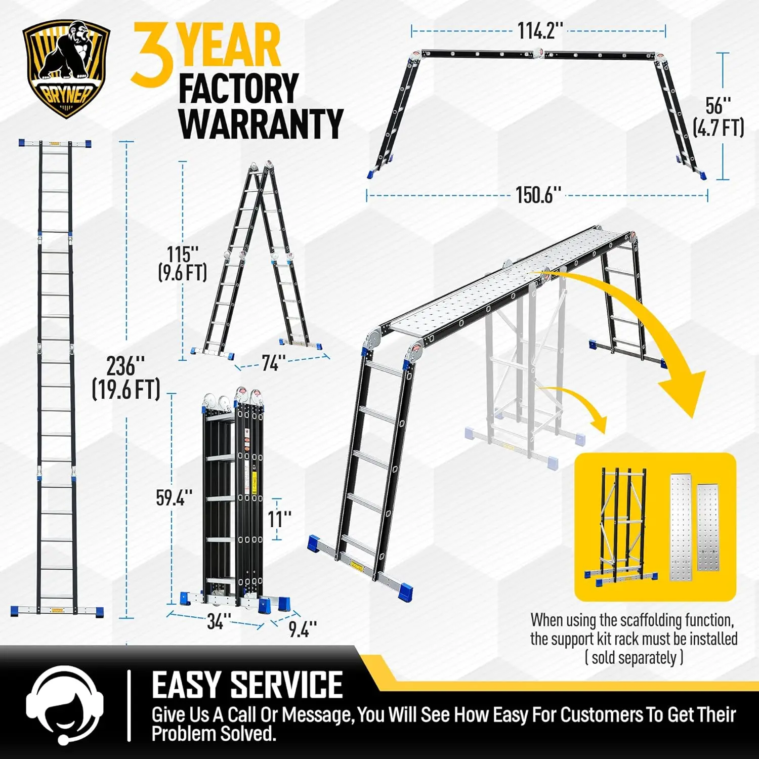 Opvouwbare Trapladder, 19,6ft, 7 In 1 Multifunctionele Opvouwbare Verstelbare Telescopische Aluminium Verlengladders, 330Lbs