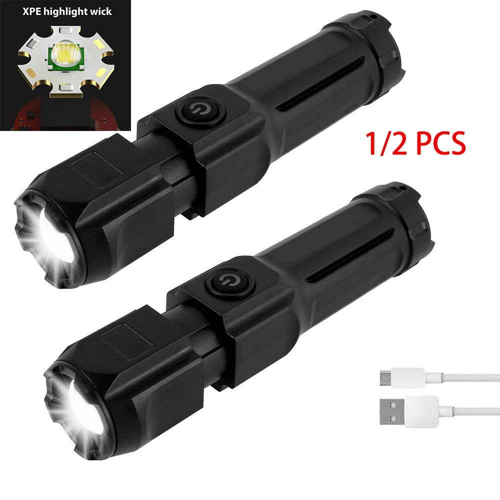 

1/2Pcs Powerful Flashlight Rechargeable USB Built-in Lithium Battery Waterproof Zoom Fishing Hunting Camping Tactical Flashlight