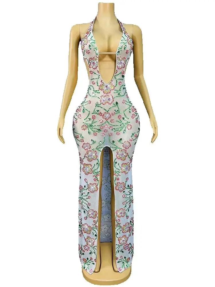 

High Quality Hot Stamping Sexy V-Neck Hollow Hanging Neck Slit Dress 2025 New Fashionable Custom Women'S Clothing