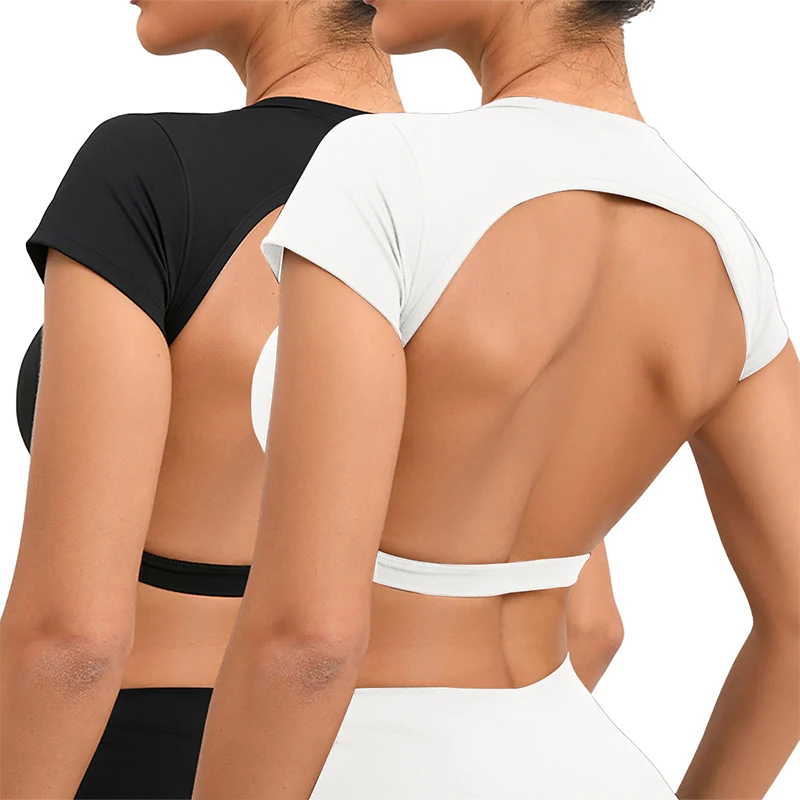 

Hearuisavy Women's Two Pieces Sports Shirts Set Fitness Sportswear Female Backless Yoga Crop Tops Breathable Gym Workout Tops