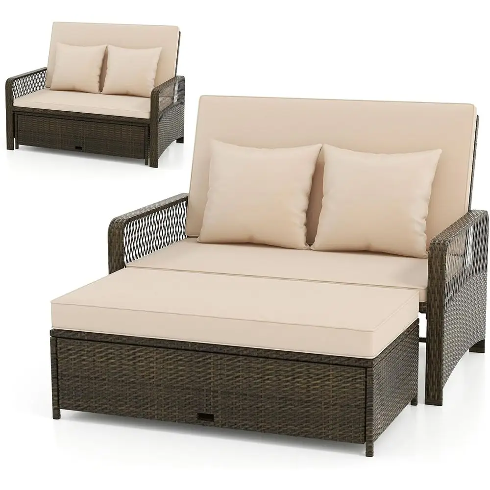 

Двойной шезлонг для улицы с регулируемой спинкой, оттоманкой для хранения, подушками, бежевый комплект мебели из ротанга для патио