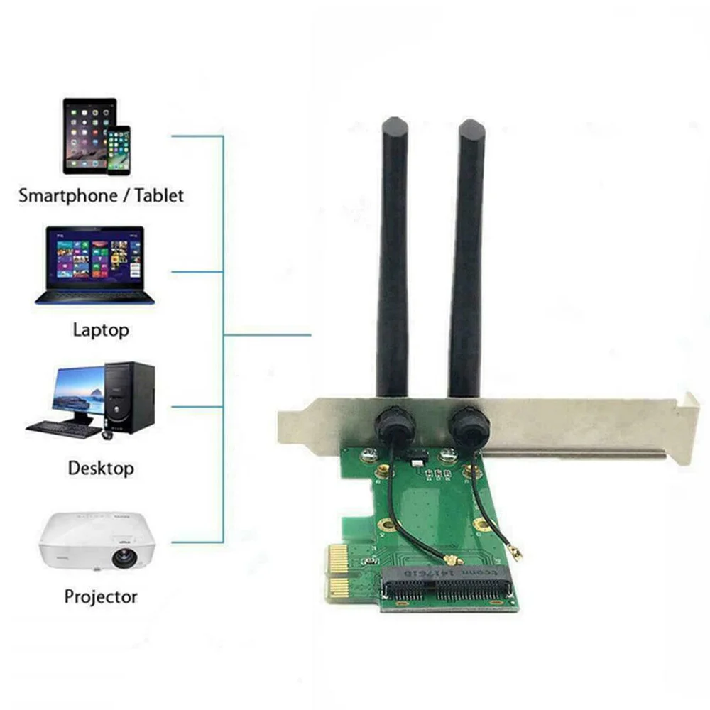 بطاقة لاسلكية WiFi Mini PCI-E Express إلى محول PCI-E مع هوائي خارجي للكمبيوتر الشخصي