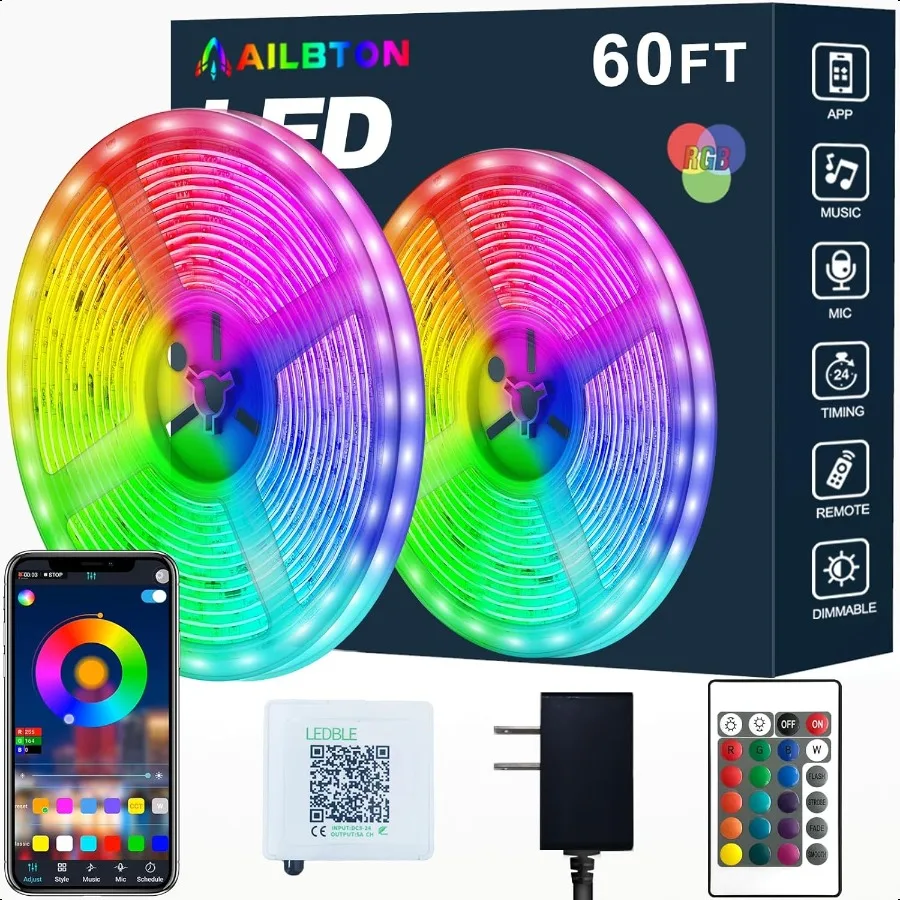 

AILBTON Led Strip Lights60ft Music Sync Color Changing Builtin Mic Bluetooth App Control LED Tape Lights with Remote 5050 RGB R