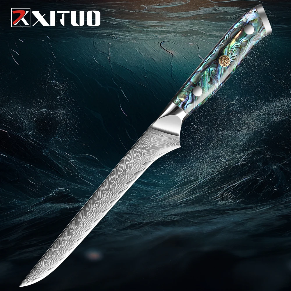 Damascus Boning Knife 6 inch 67 Layers VG10 Steel Lasting Sharp Fish Knife Abalone shell handle Ham Knife Fille Sushi Knives