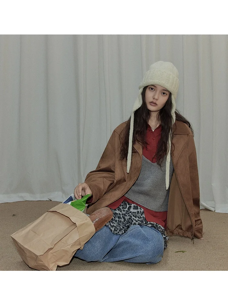 LITLECOT サドルブラウン スエード ショートコート レディース 秋冬 新スタイル カジュアル 多用途 アウター ストレートカット 長袖 ジッパー