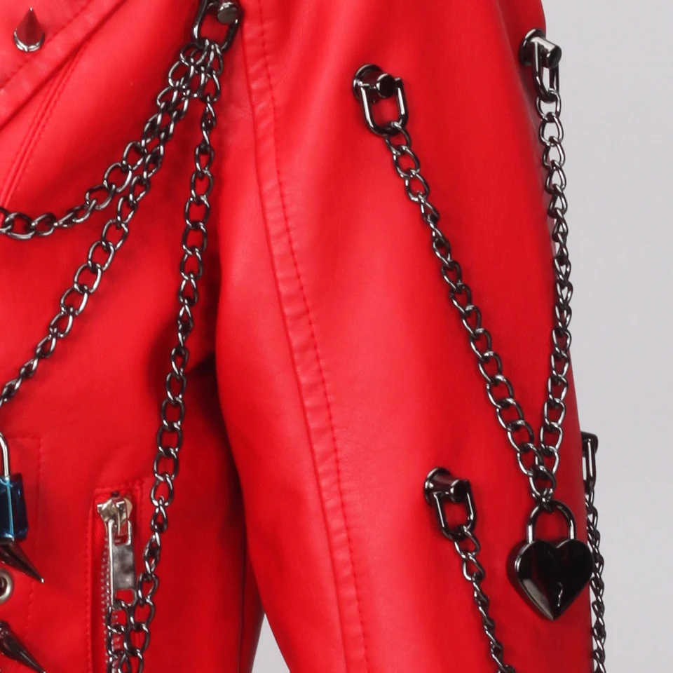 Jaqueta Feminina Vermelha de Couro PU Estilo Gótico Punk Biker com