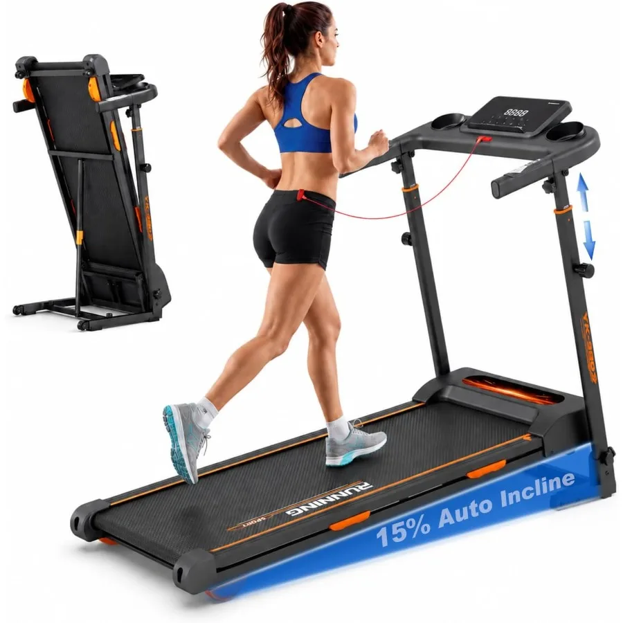 Foldable treadmill for home gym use, steel frame, black finish, 15 auto incline and built-in speaker